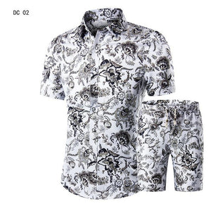 New Fashion Men Shirts+Shorts Set Summer Casual Printed Shirt Homme Short Male Printing Dress Suit Sets Plus Size 5XL