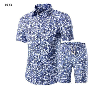 New Fashion Men Shirts+Shorts Set Summer Casual Printed Shirt Homme Short Male Printing Dress Suit Sets Plus Size 5XL