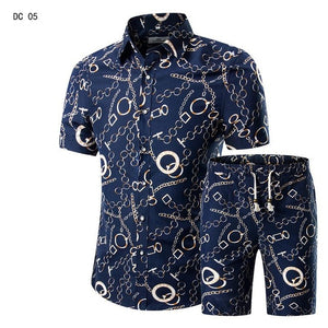 New Fashion Men Shirts+Shorts Set Summer Casual Printed Shirt Homme Short Male Printing Dress Suit Sets Plus Size 5XL