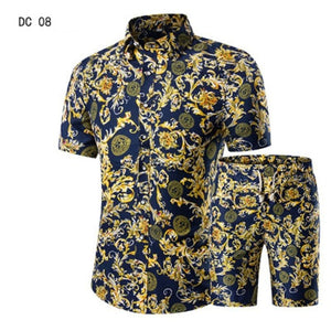 New Fashion Men Shirts+Shorts Set Summer Casual Printed Shirt Homme Short Male Printing Dress Suit Sets Plus Size 5XL