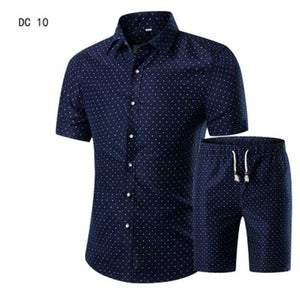 New Fashion Men Shirts+Shorts Set Summer Casual Printed Shirt Homme Short Male Printing Dress Suit Sets Plus Size 5XL